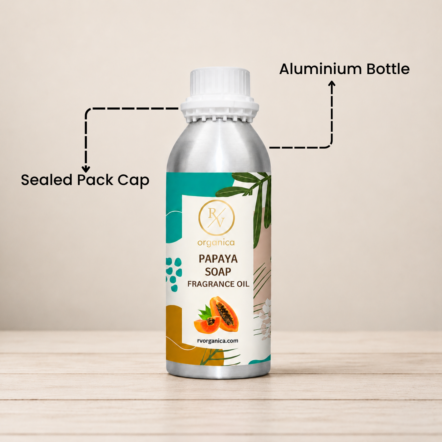 Sealed aluminium bottle of Papaya Soap Fragrance Oil with secure packaging, helping maintain freshness and premium fragrance quality.