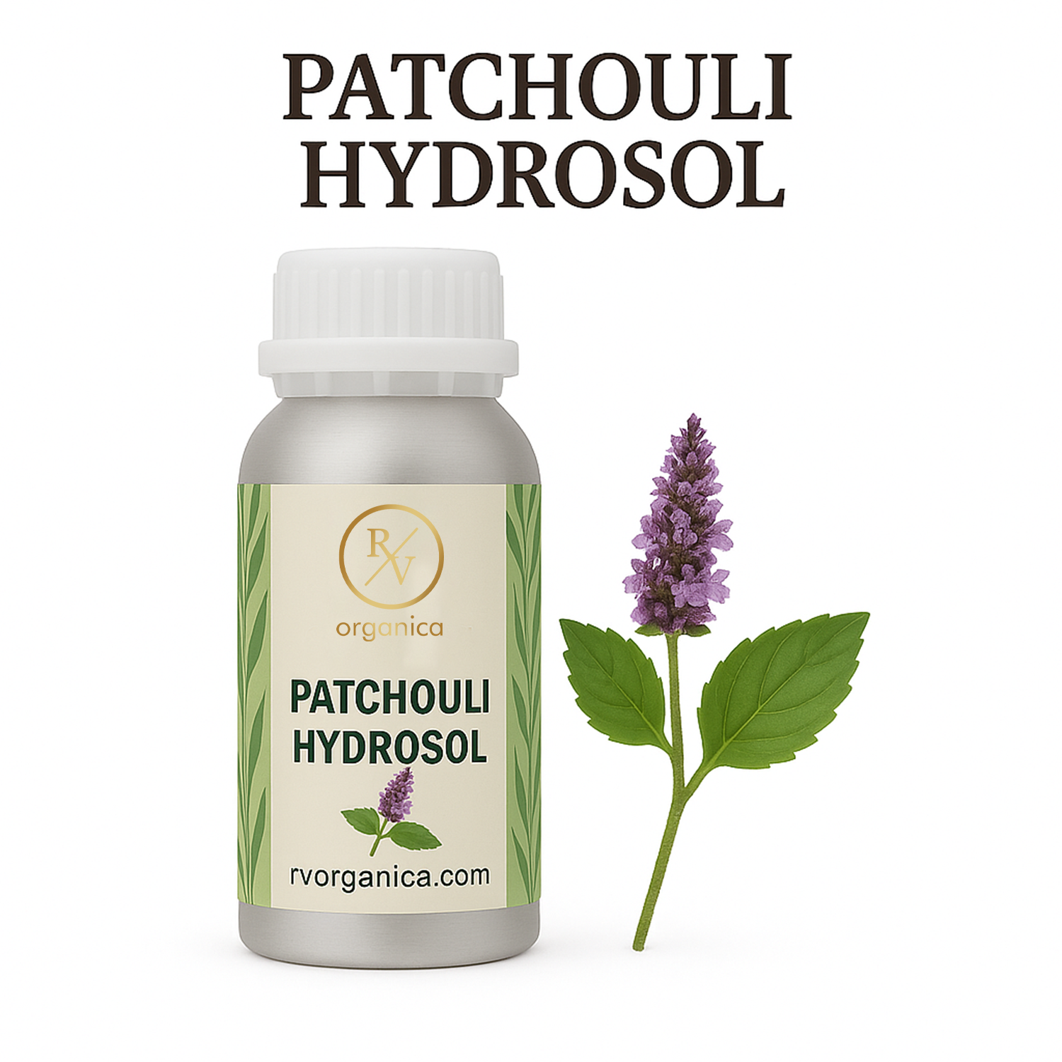 A bottle of Patchouli Hydrosol with a purple flower and green leaf in the background, labeled RV Organica.