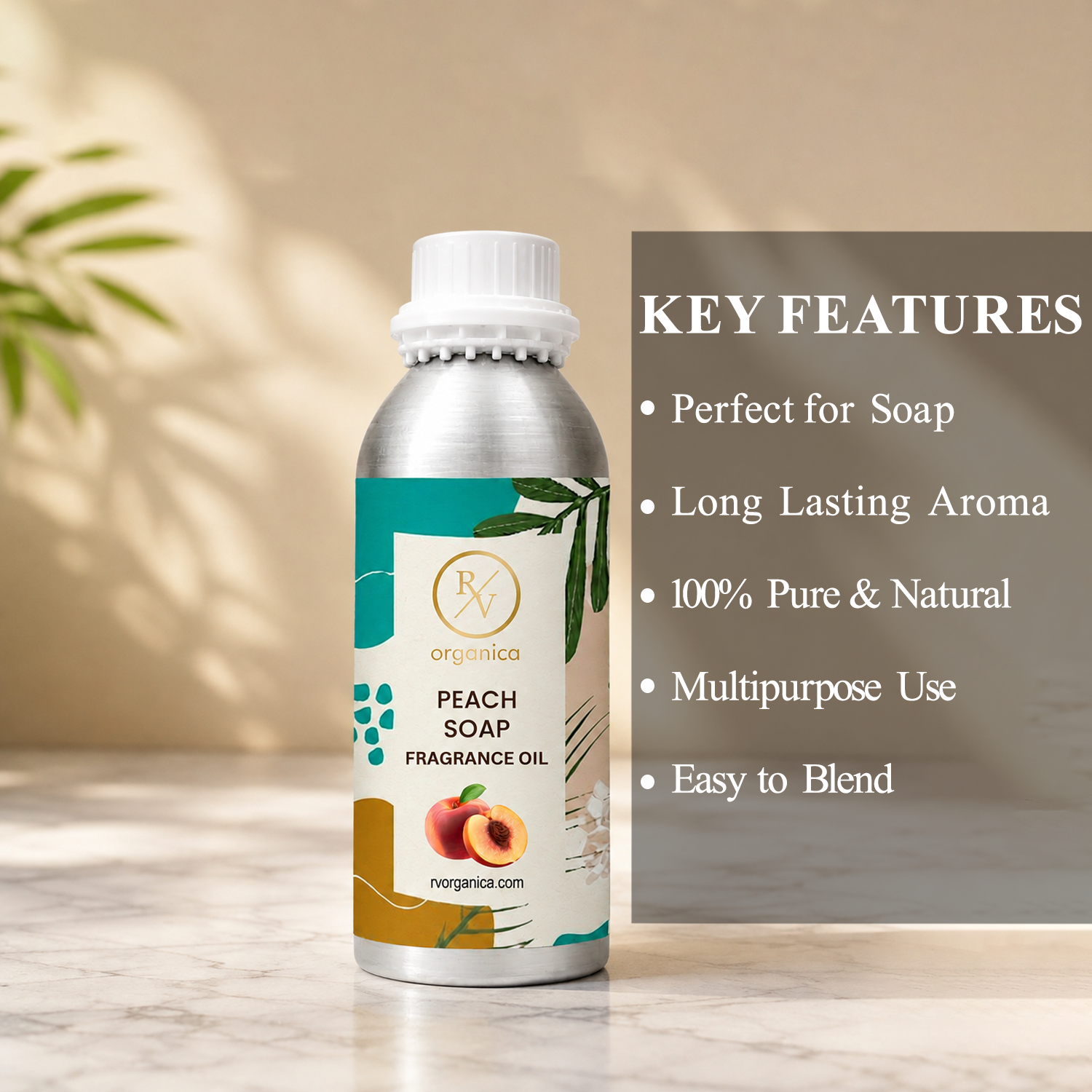 Key features of Peach Soap Fragrance Oil include sweet fruity peach aroma, long-lasting fragrance, ideal for soaps and personal care products, strong scent retention, premium quality, IFRA compliant, and multipurpose use.