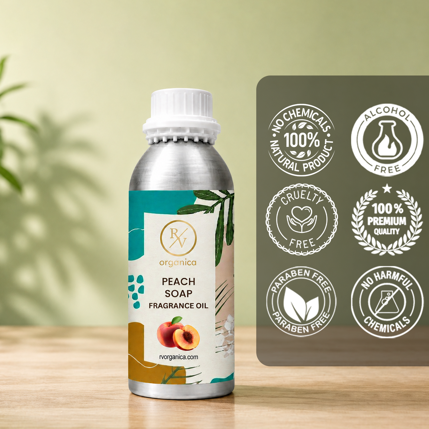 Peach Soap Fragrance Oil in a premium aluminium bottle with quality icons highlighting long-lasting fragrance, premium quality, IFRA compliant, cruelty-free, Made in India, and multipurpose use.