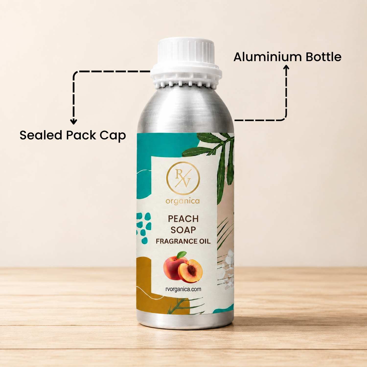 Sealed aluminium bottle of Peach Soap Fragrance Oil with secure packaging, helping maintain freshness and premium fragrance quality.
