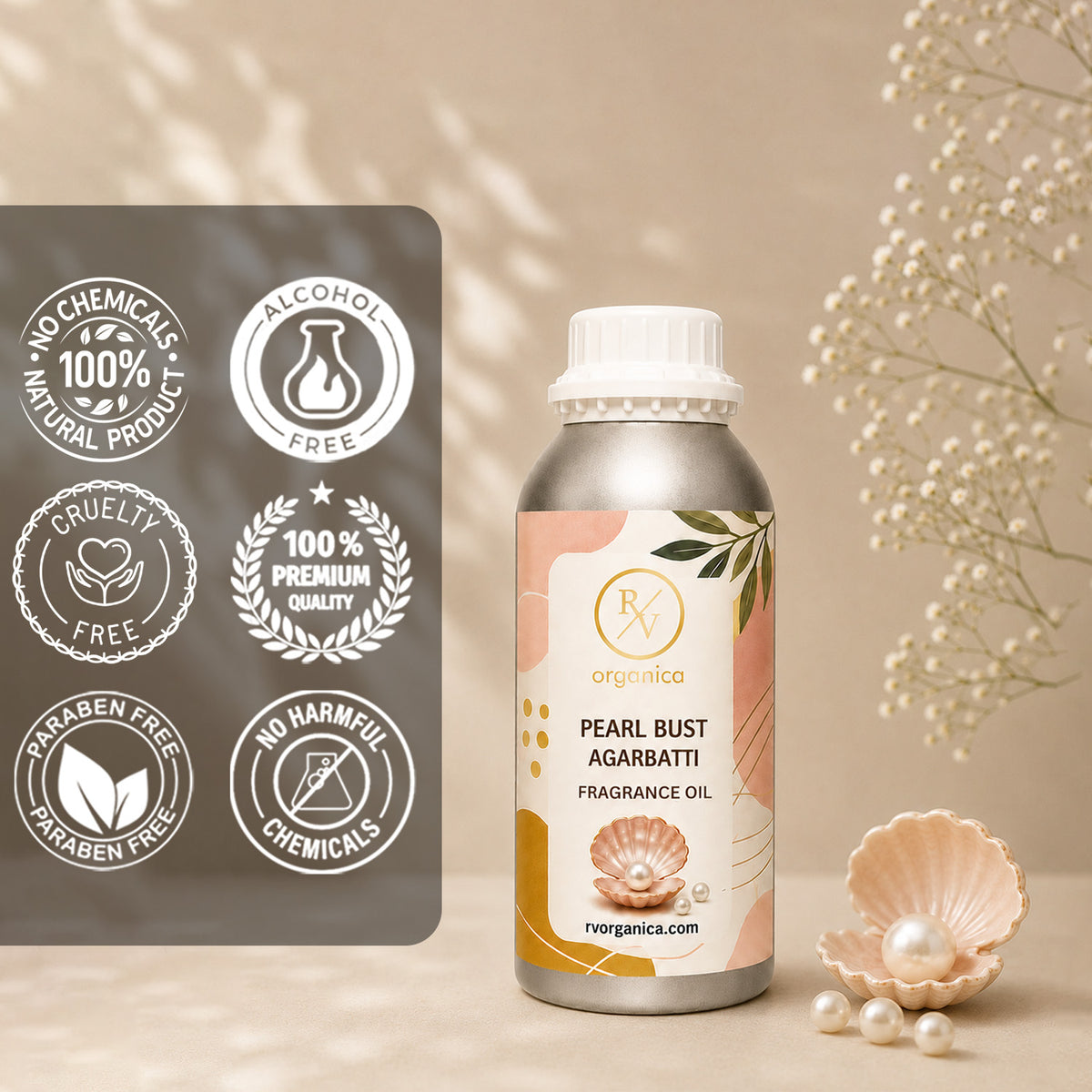 Pearl Burst Agarbatti Fragrance Oil in a premium aluminium bottle with quality icons highlighting long-lasting aroma, premium quality, IFRA compliant, cruelty-free, and multipurpose fragrance applications.