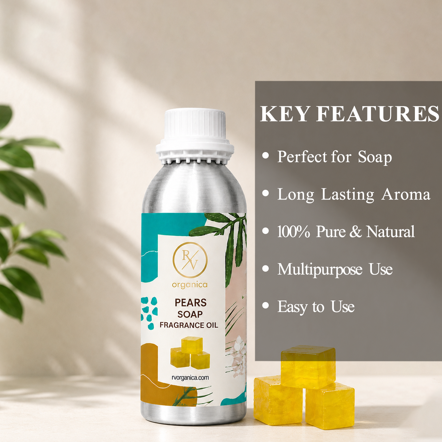 Key features of Pears Soap Fragrance Oil include fresh clean aroma, mild floral fragrance, long-lasting scent, ideal for soaps and personal care products, premium quality, IFRA compliant, and multipurpose use.