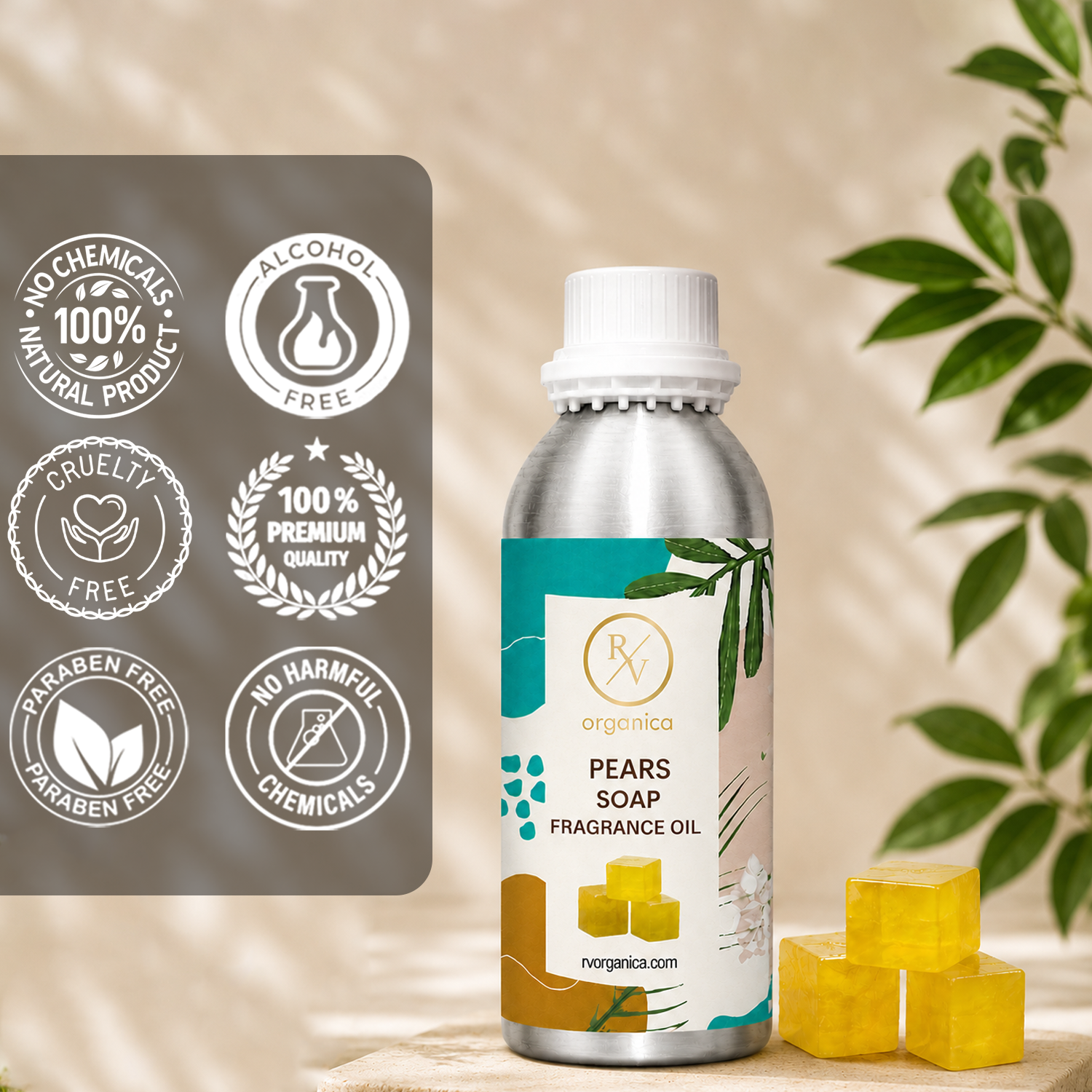 Pears Soap Fragrance Oil in a premium aluminium bottle with quality icons highlighting long-lasting fragrance, premium quality, IFRA compliant, cruelty-free, Made in India, and multipurpose use.