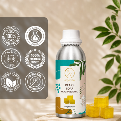 Pears Soap Fragrance Oil in a premium aluminium bottle with quality icons highlighting long-lasting fragrance, premium quality, IFRA compliant, cruelty-free, Made in India, and multipurpose use.