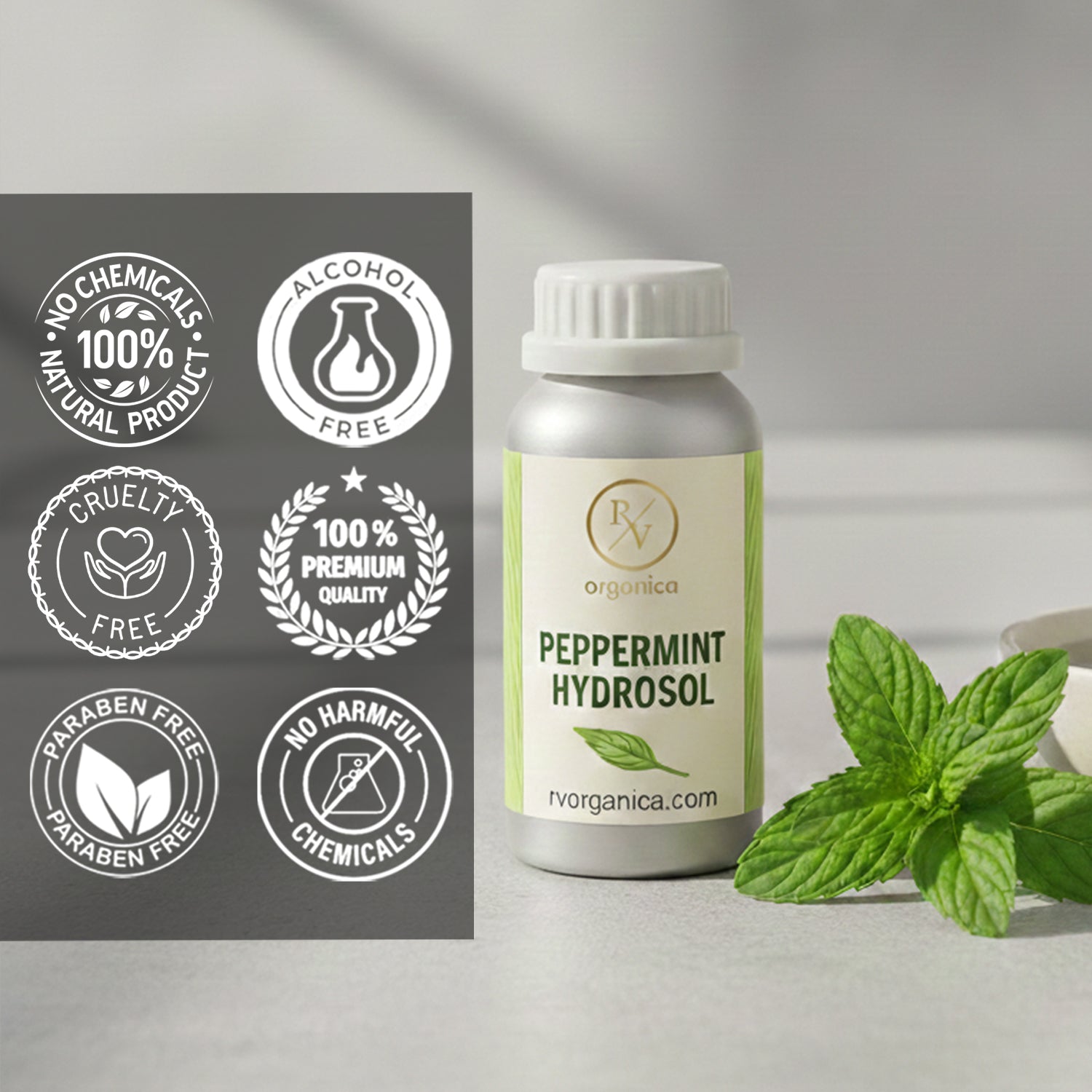 Peppermint Hydrosol 100 percent natural skincare product, paraben free, alcohol free, cruelty free and chemical free herbal facial toner.