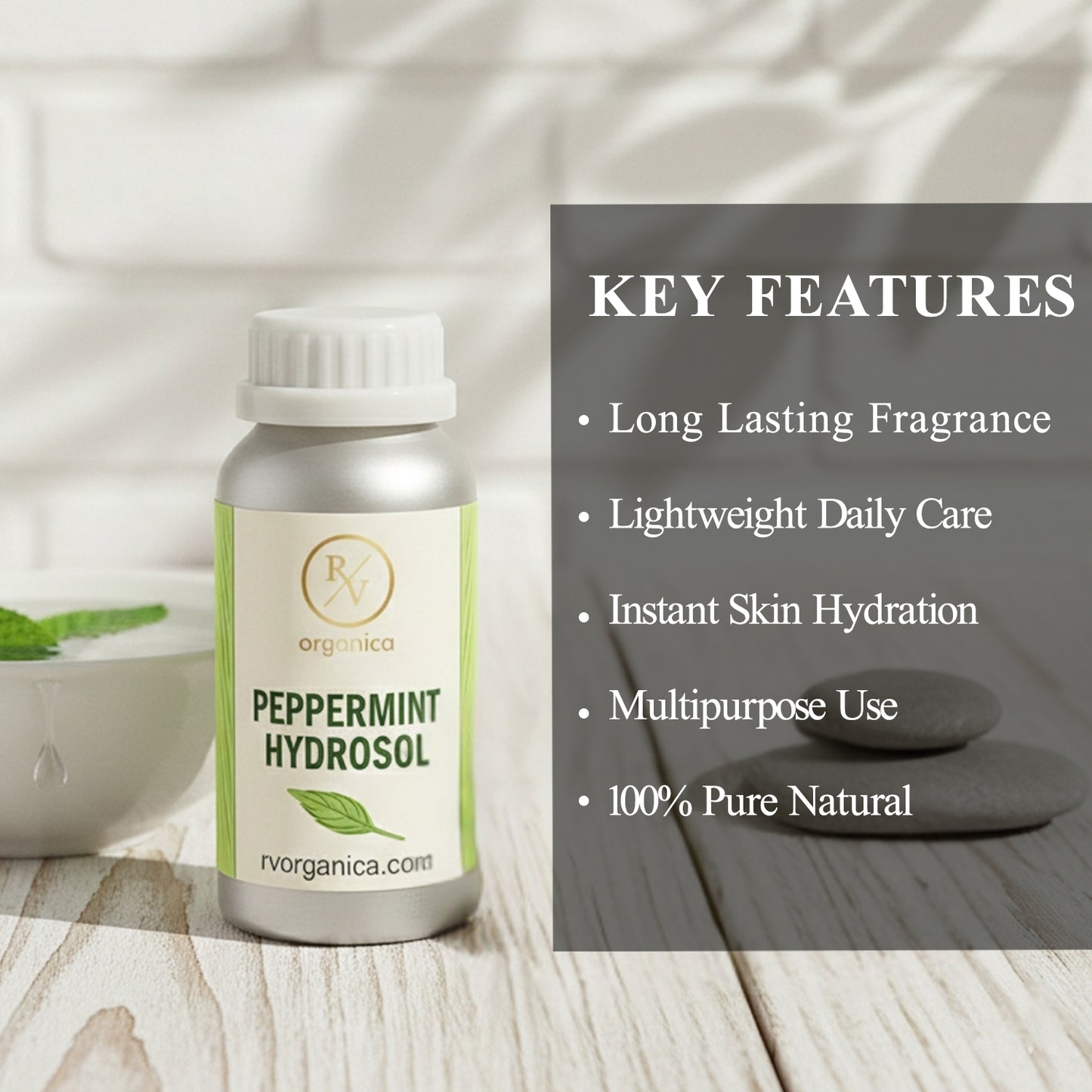 Peppermint Hydrosol lightweight natural skin mist with long lasting fragrance, instant hydration and multipurpose daily skincare use.