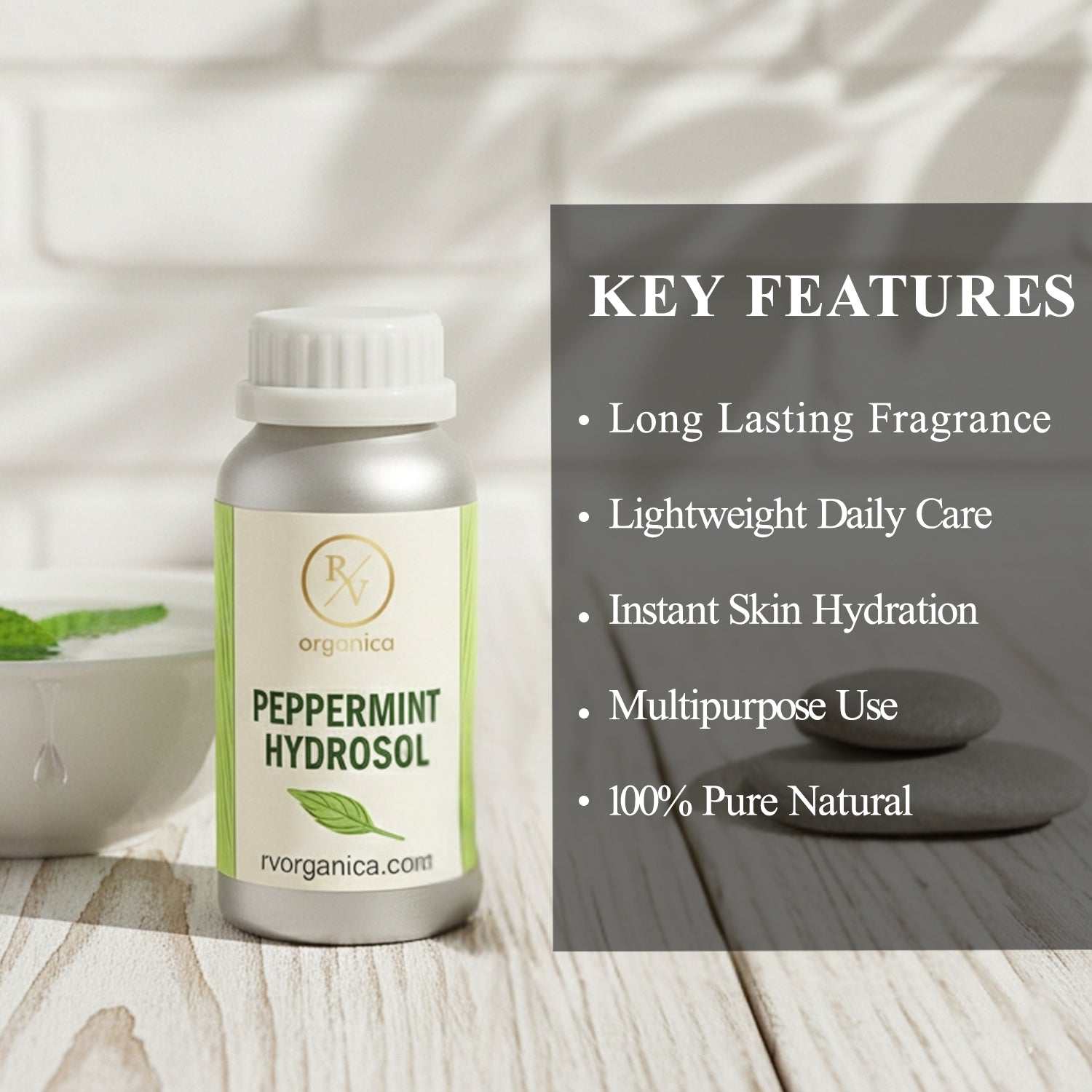 Peppermint Hydrosol lightweight natural skin mist with long lasting fragrance, instant hydration and multipurpose daily skincare use.