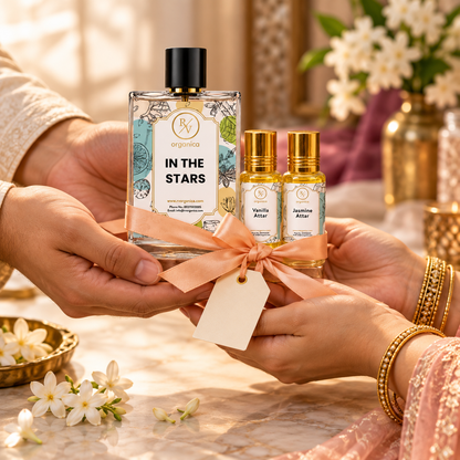 Perfume and attar gift set tied with ribbon given as a gift for her