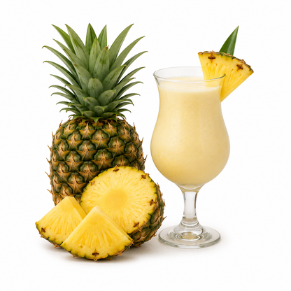 Pina Colada Fragrance Oil bottle with fresh pineapple slices, creamy coconut halves, tropical leaves, and premium studio styling on a clean background.