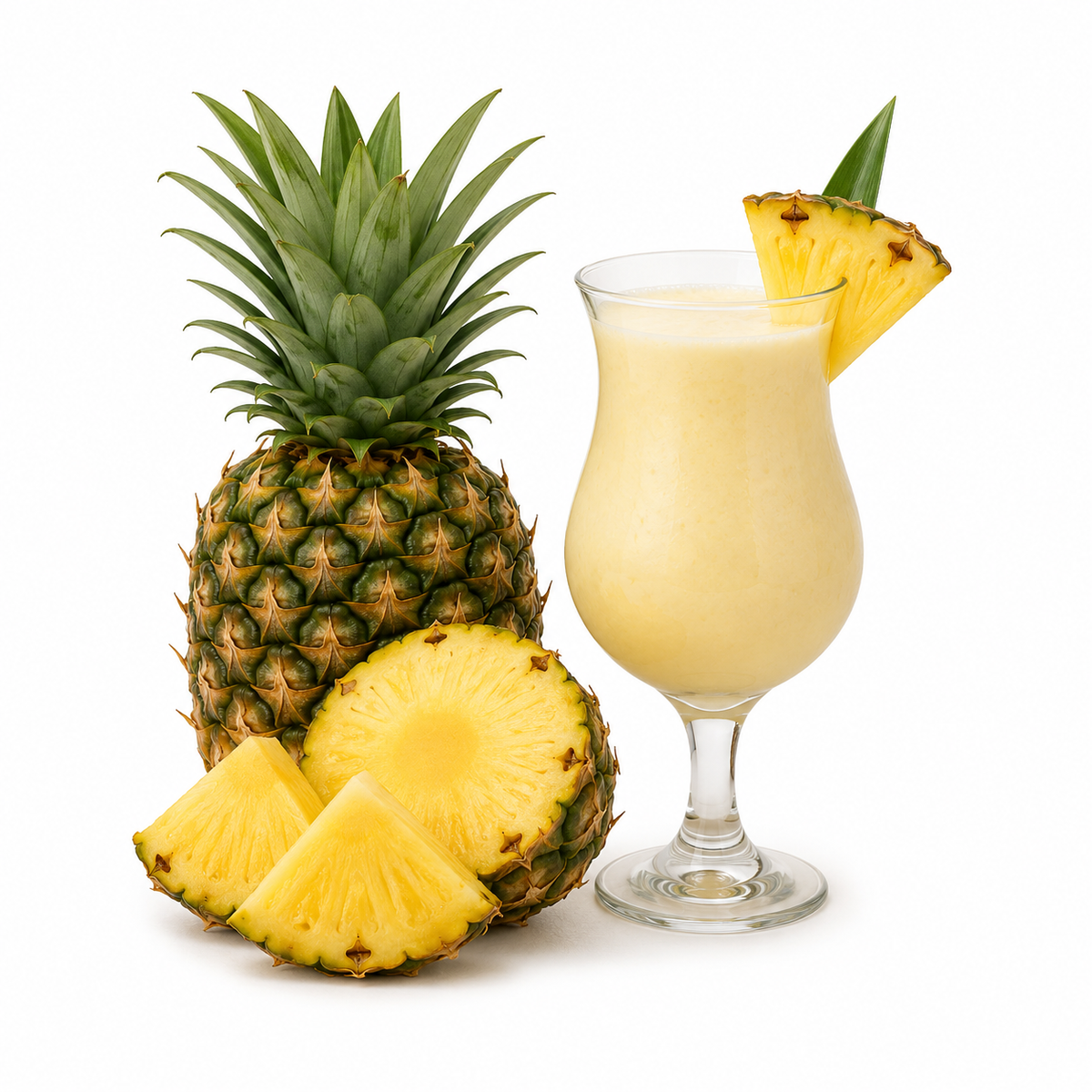 Pina Colada Fragrance Oil bottle with fresh pineapple slices, creamy coconut halves, tropical leaves, and premium studio styling on a clean background.