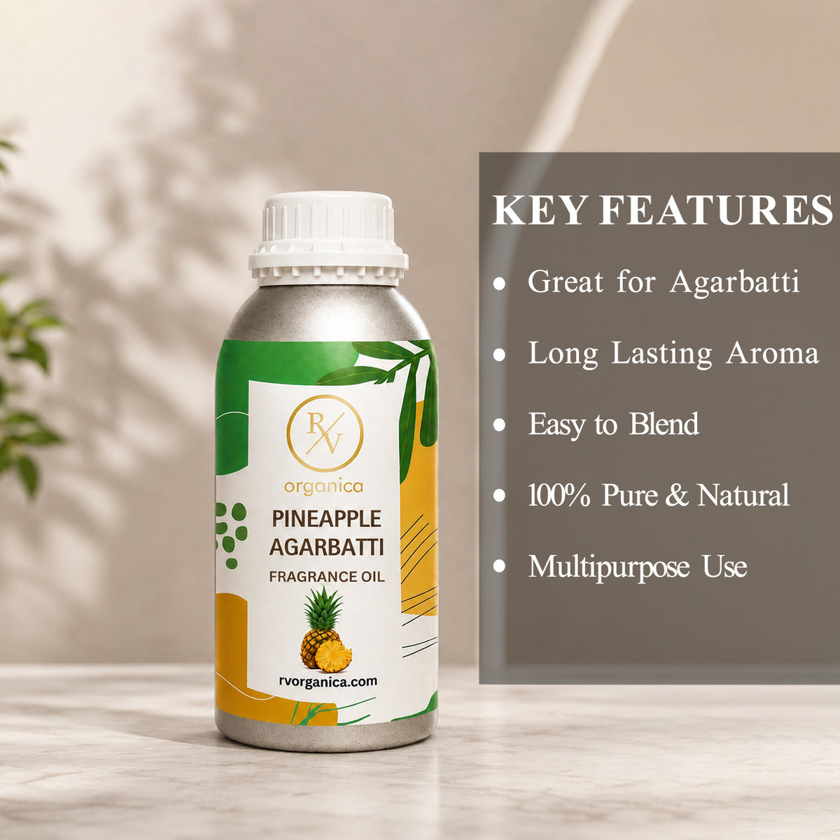 Key features of Pineapple Agarbatti Fragrance Oil include a sweet tropical fruity incense aroma, long-lasting fragrance, strong scent diffusion, IFRA compliant, premium quality, and multipurpose use for agarbatti, candles, soaps, perfumes, and home fragrance products.