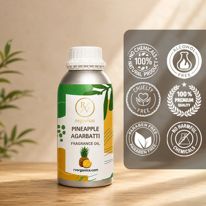 Pineapple Agarbatti Fragrance Oil in a premium aluminium bottle with quality icons highlighting long-lasting aroma, premium quality, IFRA compliant, cruelty-free, and multipurpose fragrance applications.