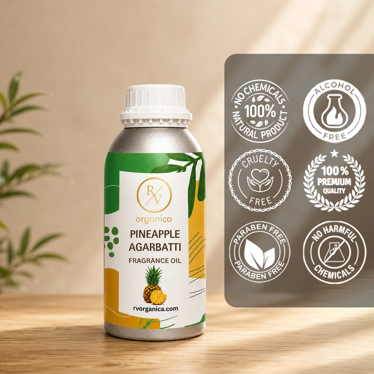 Pineapple Agarbatti Fragrance Oil in a premium aluminium bottle with quality icons highlighting long-lasting aroma, premium quality, IFRA compliant, cruelty-free, and multipurpose fragrance applications.