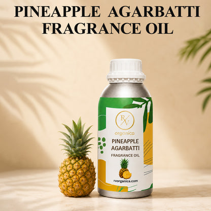 Pineapple Agarbatti Fragrance Oil in a premium aluminium bottle with a tropical-inspired background, showcasing its sweet fruity incense aroma for agarbatti, candles, soaps, perfumes, and home fragrance products.