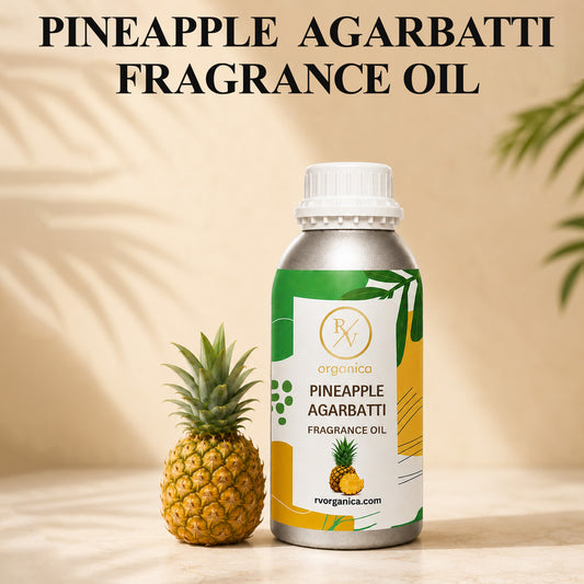 Pineapple Agarbatti Fragrance Oil in a premium aluminium bottle with a tropical-inspired background, showcasing its sweet fruity incense aroma for agarbatti, candles, soaps, perfumes, and home fragrance products. - second image