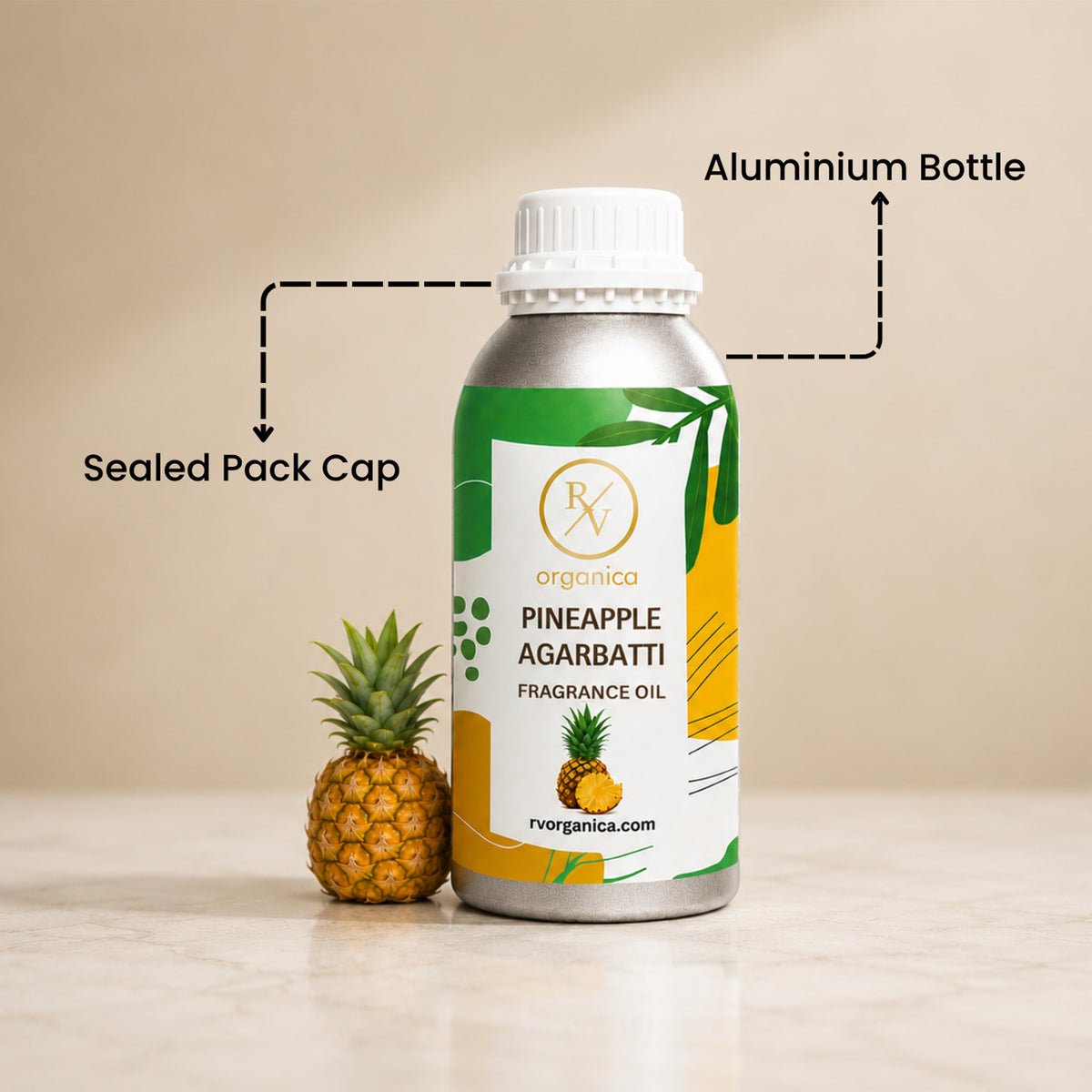 Sealed aluminium bottle of Pineapple Agarbatti Fragrance Oil, ensuring purity, freshness, leak-proof packaging, and premium fragrance quality for bulk and personal use.