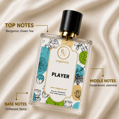 Player Inspired Fragrance Oil with fragrance notes featuring refreshing bergamot and green tea top notes with aromatic floral middle notes, creating a balanced and sophisticated scent profile.