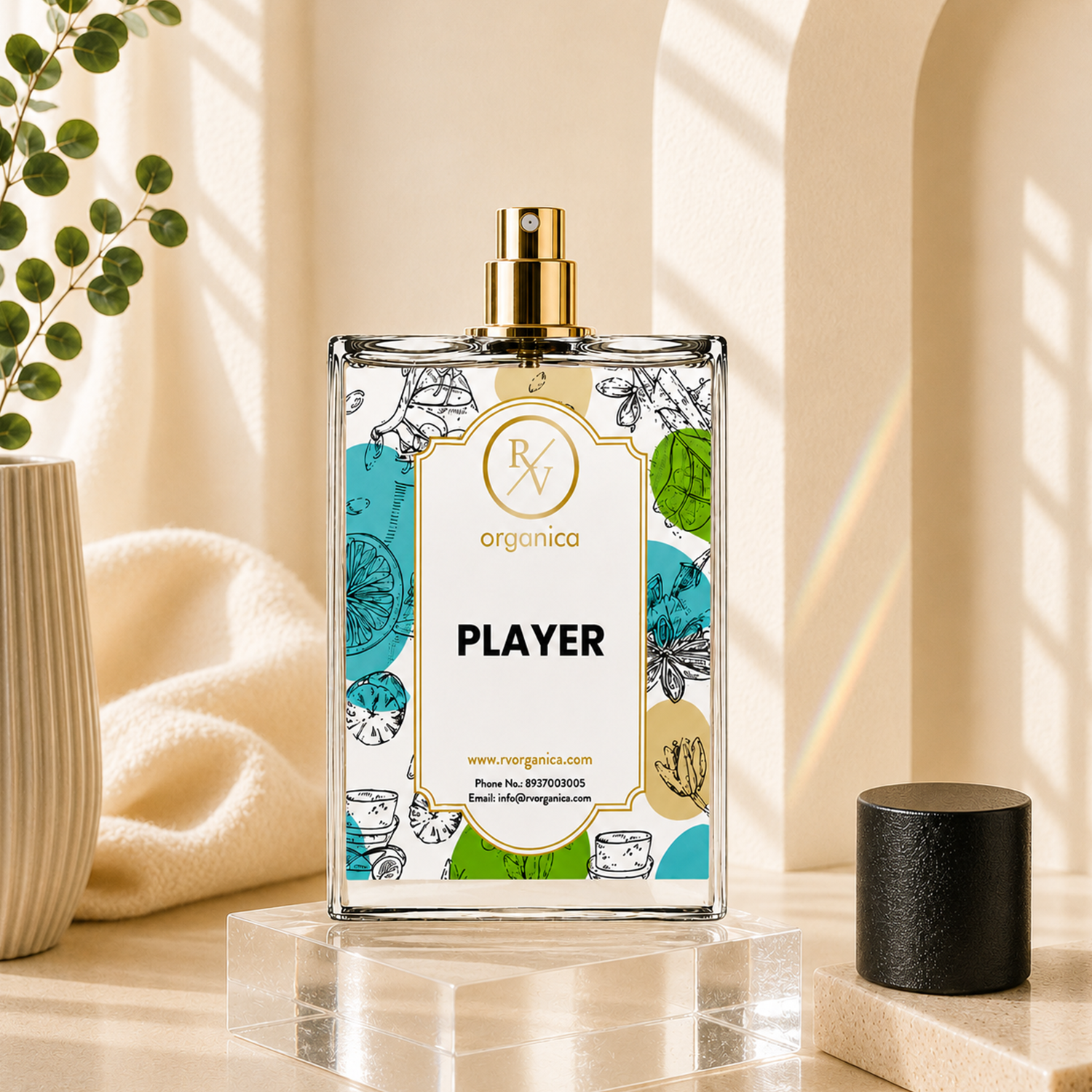 Player Inspired Fragrance Oil displayed in a premium glass perfume bottle with spray nozzle and black cap, highlighting its elegant packaging and fragrance presentation.