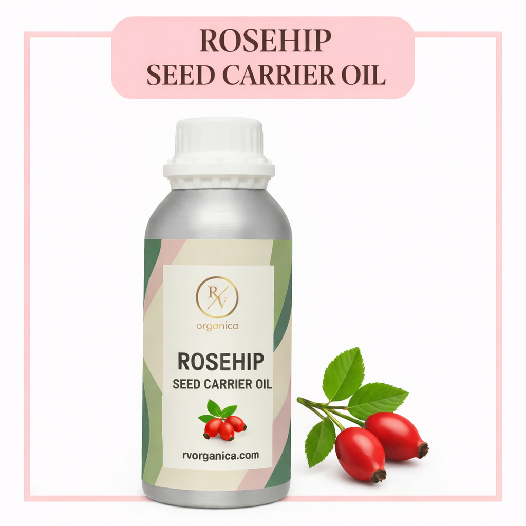 A bottle of RV Organica 100% pure, cold-pressed Organic Rosehip Seed Oil used as a natural carrier oil for skincare and face hydration