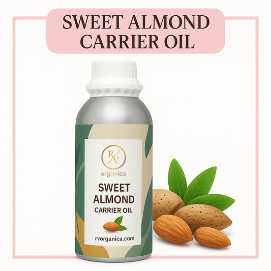 Pure sweet almond carrier oil by RV Organica in glass bottle with natural light background, showing cold-pressed quality and purity
