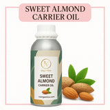 Pure sweet almond carrier oil by RV Organica in glass bottle with natural light background, showing cold-pressed quality and purity