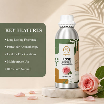 Key features of Rose Detergent Fragrance Oil include a fresh floral laundry aroma, long-lasting fragrance, strong scent retention, IFRA compliant, premium quality, and multipurpose use for detergents, fabric conditioners, soaps, candles, and home fragrance products.