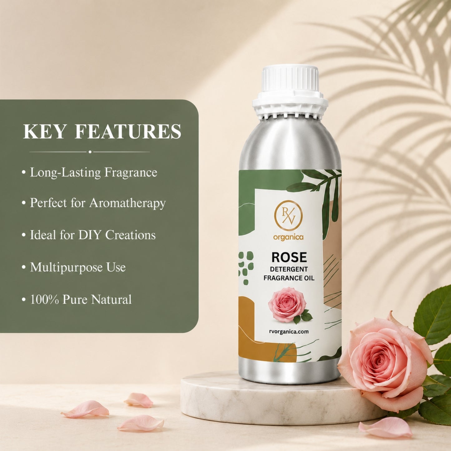 Key features of Rose Detergent Fragrance Oil include a fresh floral laundry aroma, long-lasting fragrance, strong scent retention, IFRA compliant, premium quality, and multipurpose use for detergents, fabric conditioners, soaps, candles, and home fragrance products.