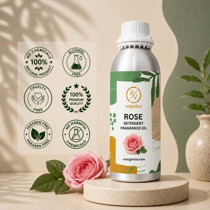 Rose Detergent Fragrance Oil in a premium aluminium bottle with quality icons highlighting long-lasting fragrance, premium quality, IFRA compliant, cruelty-free, and multipurpose fragrance applications.