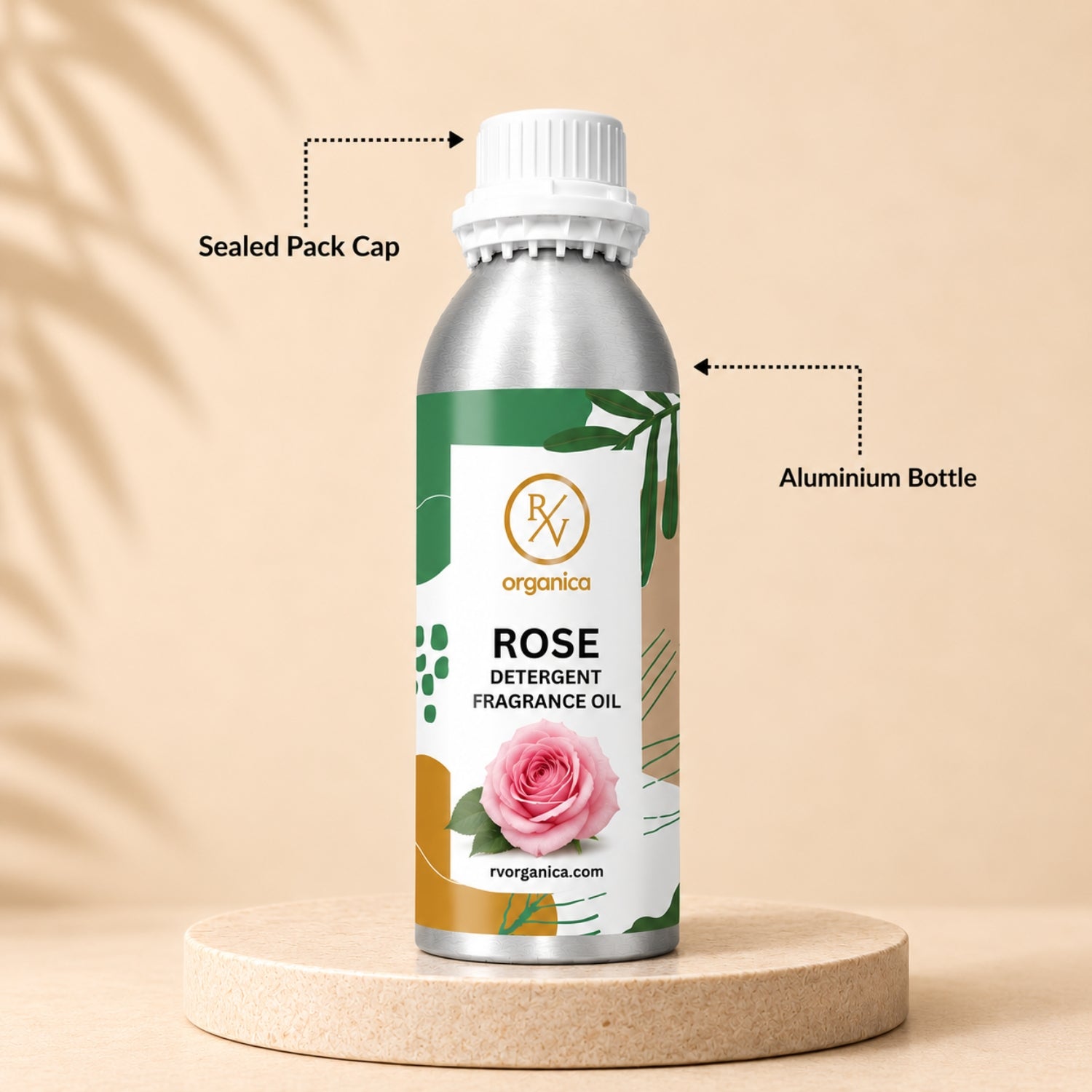 Sealed aluminium bottle of Rose Detergent Fragrance Oil, ensuring purity, freshness, leak-proof packaging, and premium fragrance quality for bulk and personal use.