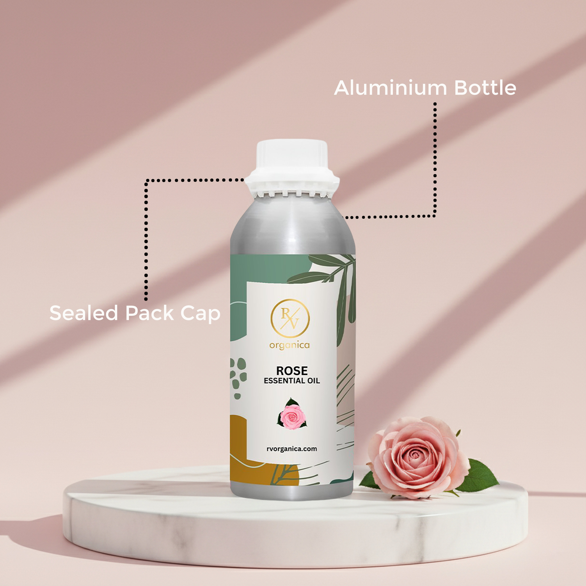 Rose Essential Oil premium aluminium bottle with rose petals on pink background