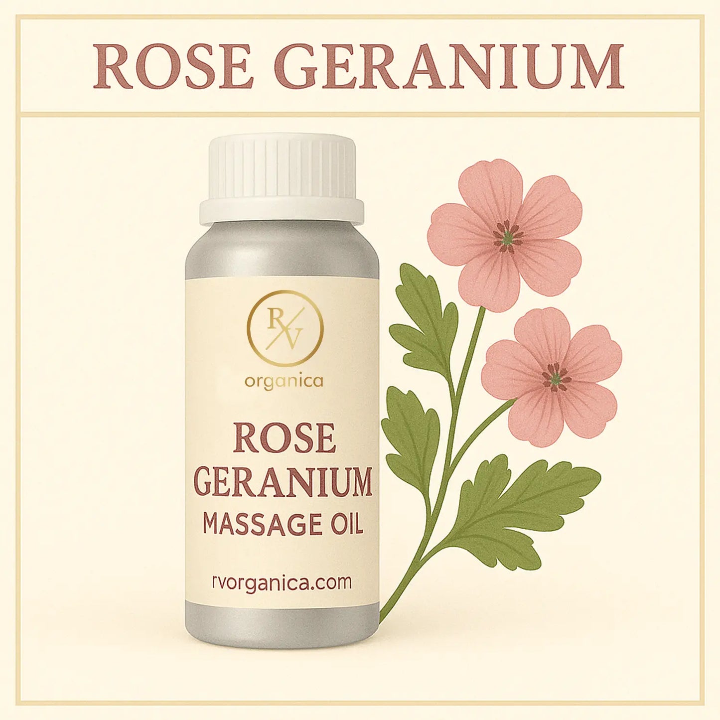 Organic rose geranium massage oil for relaxation and skin care in premium glass bottle