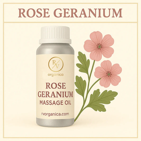 Organic rose geranium massage oil for relaxation and skin care in premium glass bottle