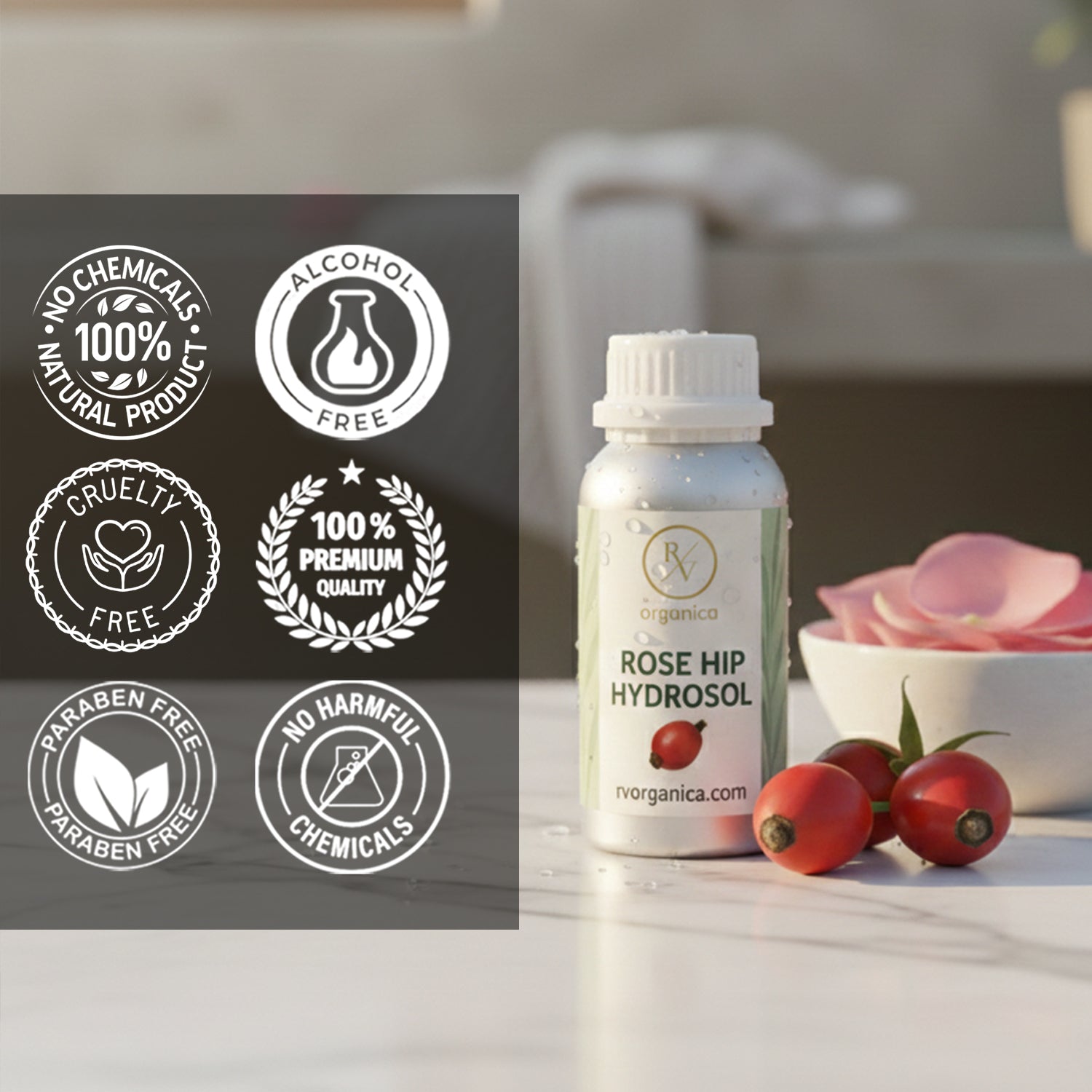 Rose Hip Hydrosol 100 percent natural skincare product, paraben free, alcohol free, cruelty free and chemical free herbal facial toner.