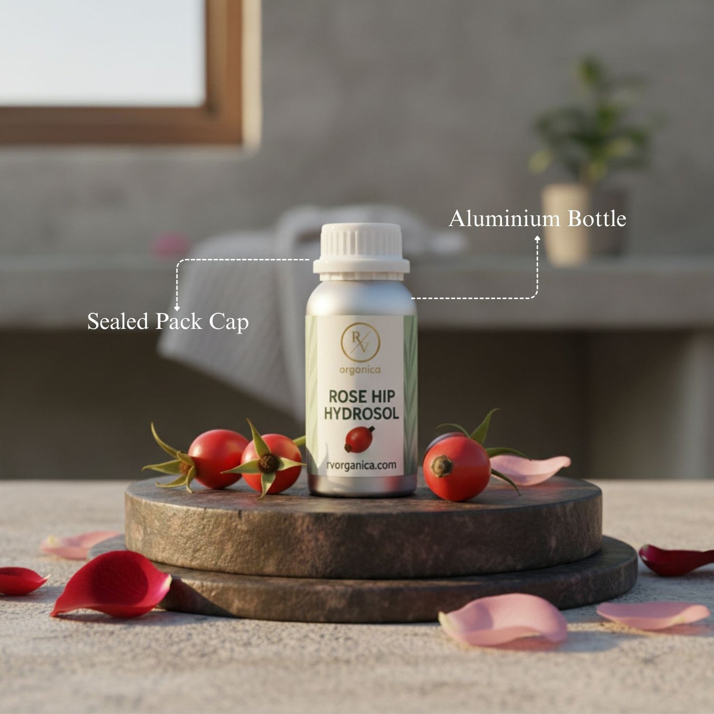 Rose Hip Hydrosol in aluminium bottle with sealed pack cap, natural organic skincare toner with fresh rose hips and petals on wooden display.