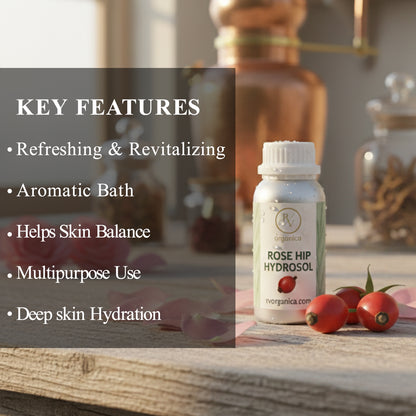 Rose Hip Hydrosol refreshing and revitalizing natural skin mist with deep hydration, aromatic bath use and multipurpose skincare benefits.