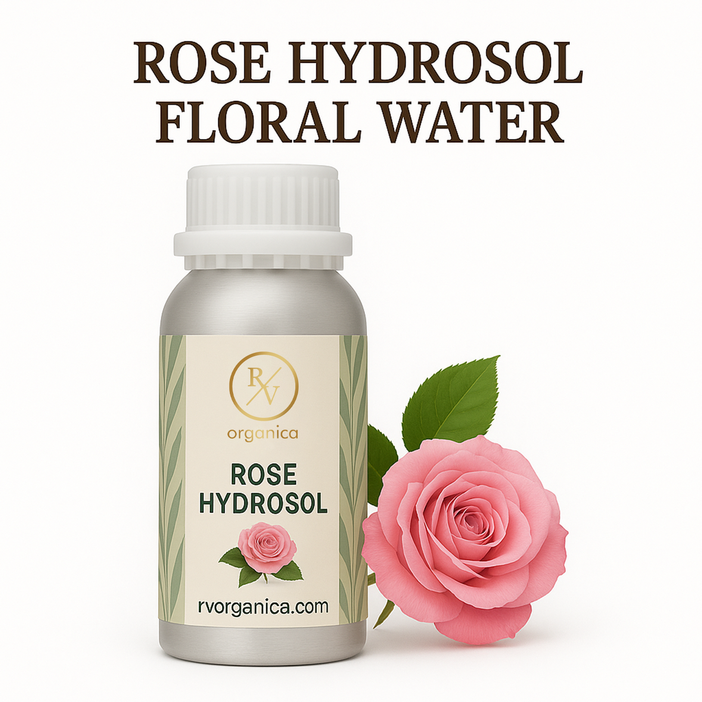 A bottle of Rose Hydrosol Floral Water with a pink rose flower next to it, indicating the product's natural and gentle properties.