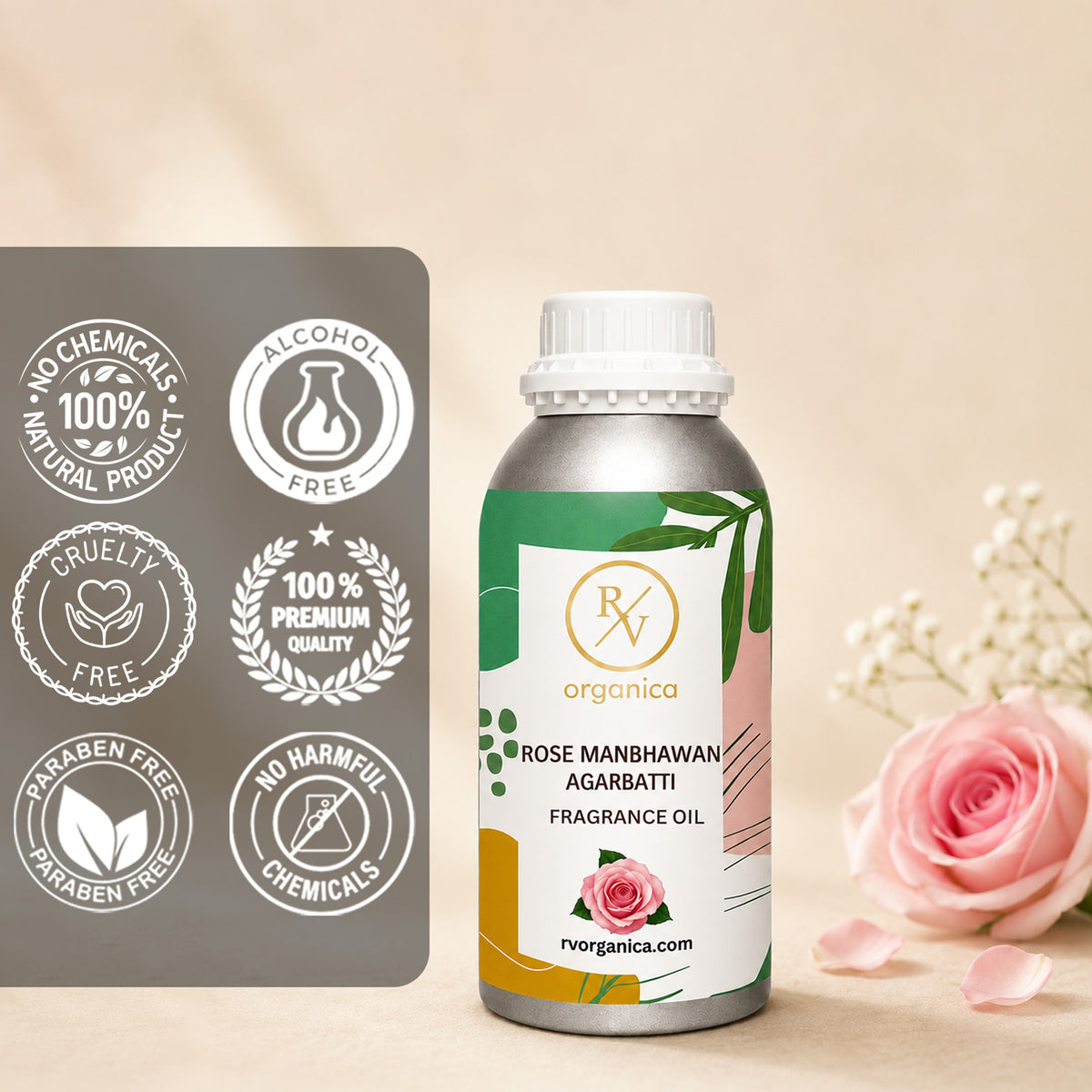 Key features of Rose Manbhawan Agarbatti Fragrance Oil include a rich rose floral incense aroma, long-lasting fragrance, strong scent diffusion, IFRA compliant, premium quality, and multipurpose use for agarbatti, candles, soaps, perfumes, and home fragrance products.