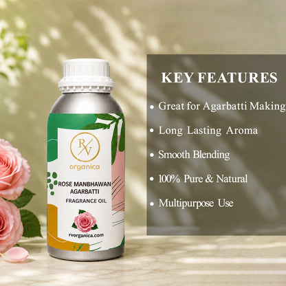 Rose Manbhawan Agarbatti Fragrance Oil in a premium aluminium bottle with quality certification icons, showcasing its long-lasting rose floral incense aroma, IFRA compliant formula, and multipurpose use for agarbatti, candles, soaps, perfumes, and home fragrance products.