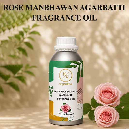 Rose Manbhawan Agarbatti Fragrance Oil in a premium aluminium bottle with an elegant rose floral background, showcasing its luxurious rose incense aroma for agarbatti, candles, soaps, perfumes, and home fragrance products. - second image