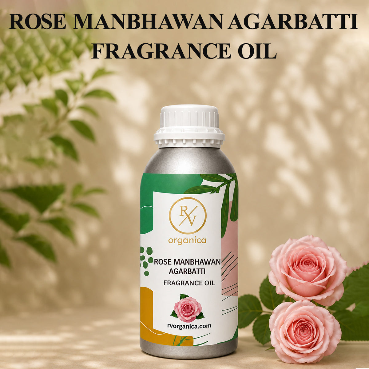 Rose Manbhawan Agarbatti Fragrance Oil in a premium aluminium bottle with an elegant rose floral background, showcasing its luxurious rose incense aroma for agarbatti, candles, soaps, perfumes, and home fragrance products.