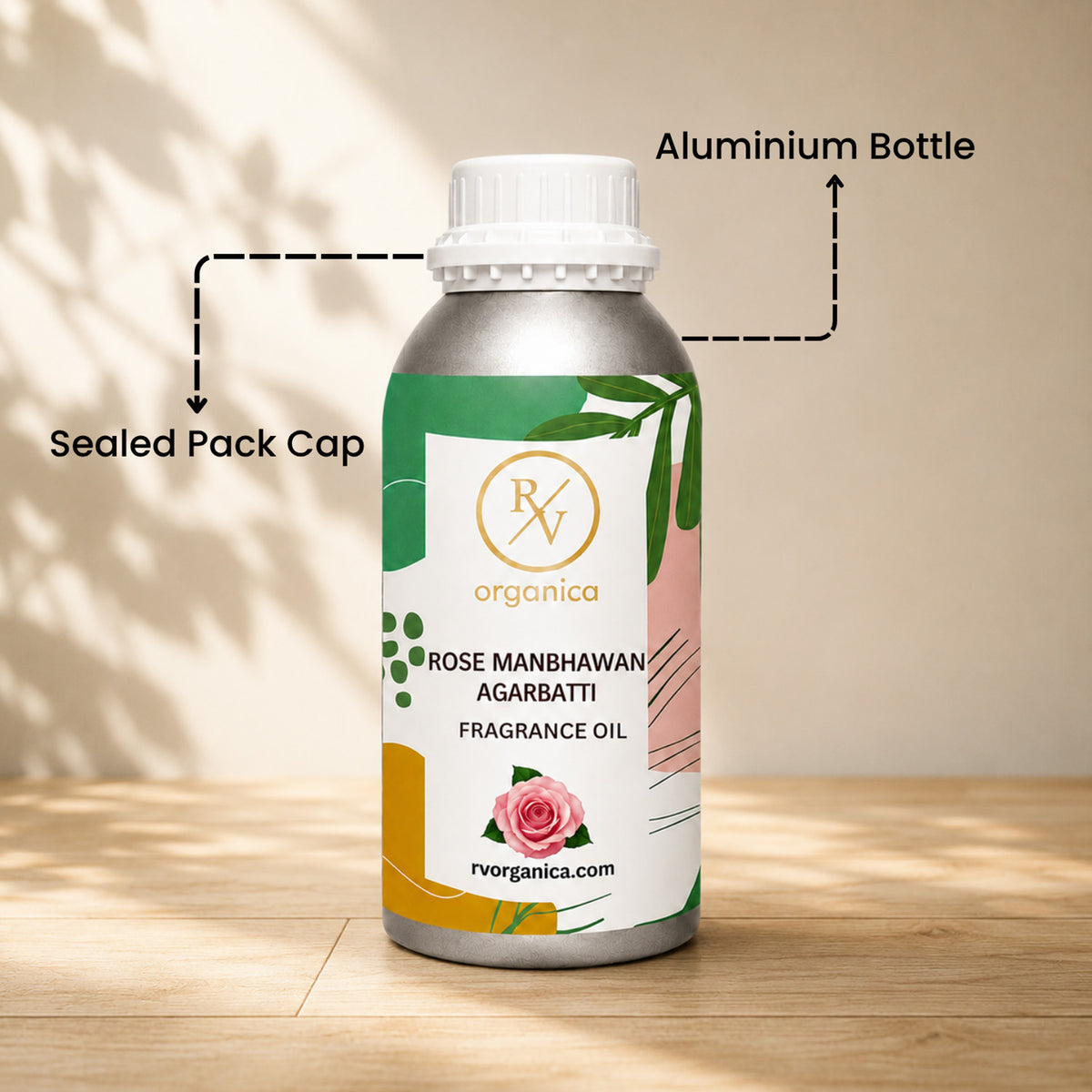 Sealed aluminium bottle of Rose Manbhawan Agarbatti Fragrance Oil, ensuring purity, freshness, leak-proof packaging, and premium fragrance quality for bulk and personal use.