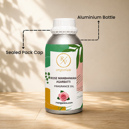 Sealed aluminium bottle of Rose Manbhawan Agarbatti Fragrance Oil, ensuring purity, freshness, leak-proof packaging, and premium fragrance quality for bulk and personal use.