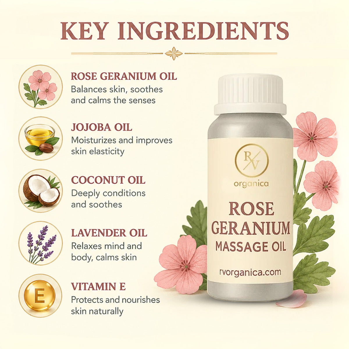 Key ingredients in rose geranium massage oil for skin nourishment and care