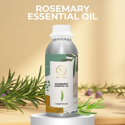 Rosemary Essential Oil premium aluminium bottle with fresh rosemary leaves background