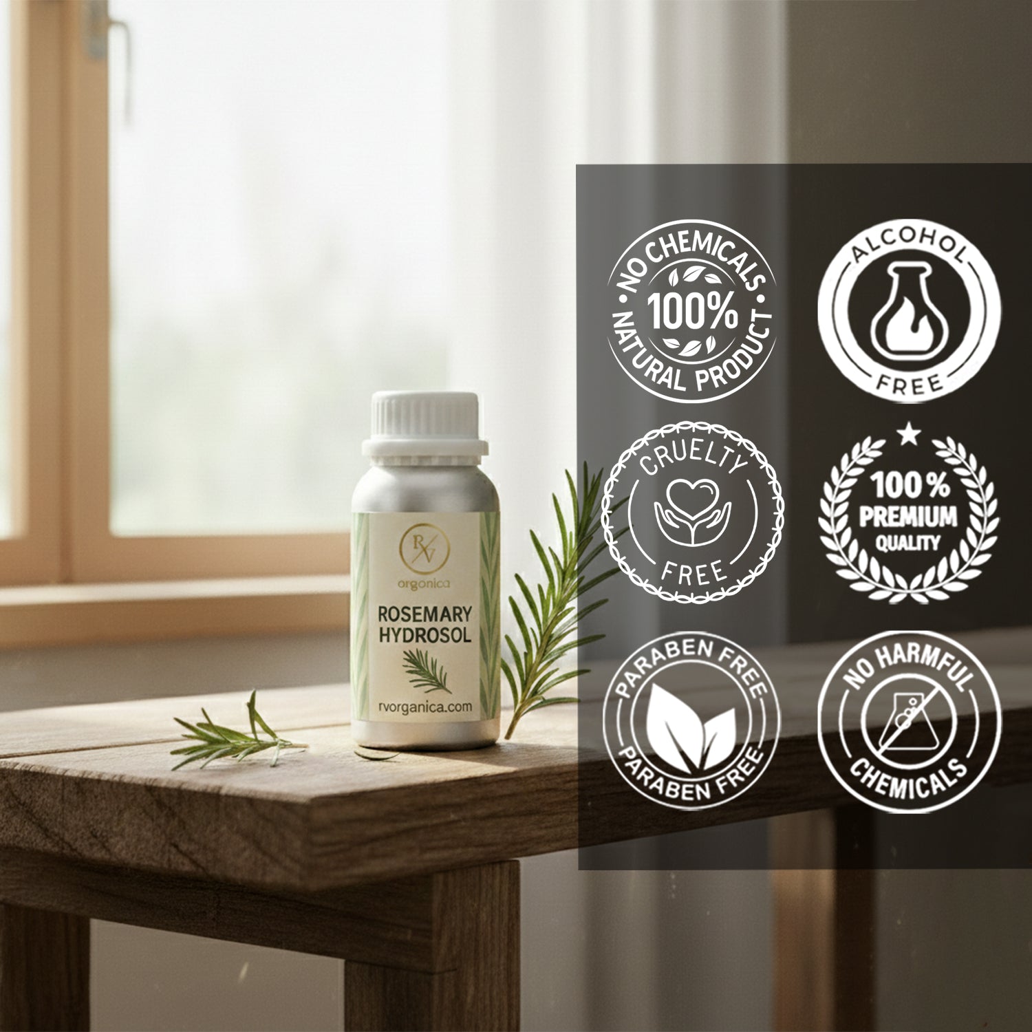 Rosemary Hydrosol 100 percent natural skincare product, paraben free, alcohol free, cruelty free and chemical free herbal facial toner.