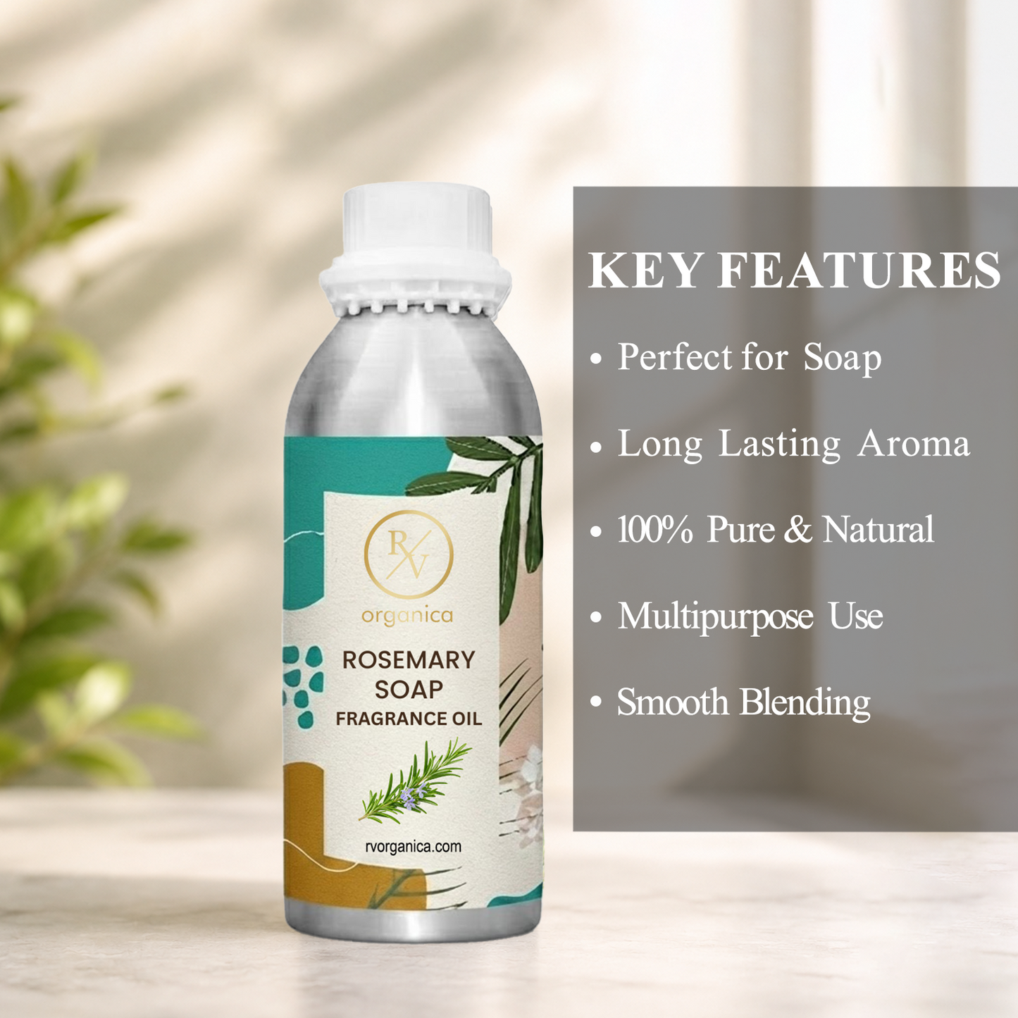 Key features of Rosemary Soap Fragrance Oil include fresh herbal rosemary aroma, clean refreshing fragrance, long-lasting scent, ideal for soaps and personal care products, premium quality, IFRA compliant, and multipurpose use.