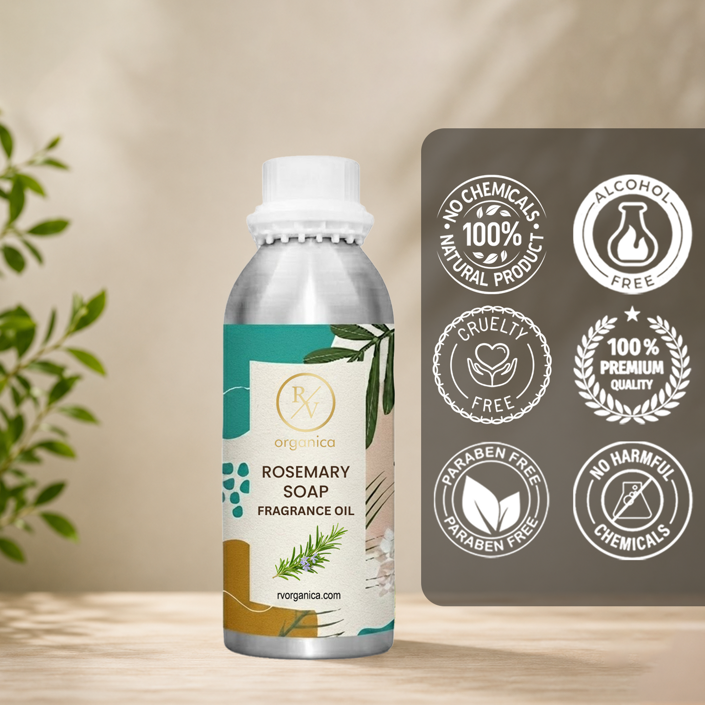Rosemary Soap Fragrance Oil in a premium aluminium bottle with quality icons highlighting long-lasting fragrance, premium quality, IFRA compliant, cruelty-free, Made in India, and multipurpose use.