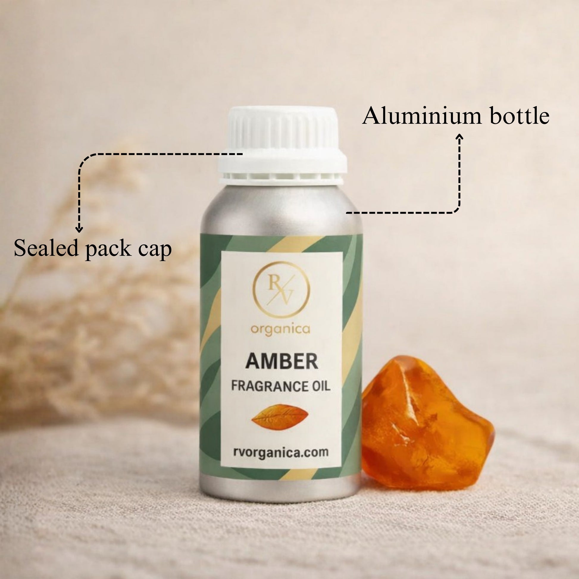 RV Organica amber fragrance oil sealed aluminium bottle packaging pure and safe product