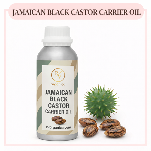 A bottle of RV Organica authentic Jamaican Black Castor Oil (JBCO), used as a traditional treatment for hair growth on scalp, edges, and eyebrows